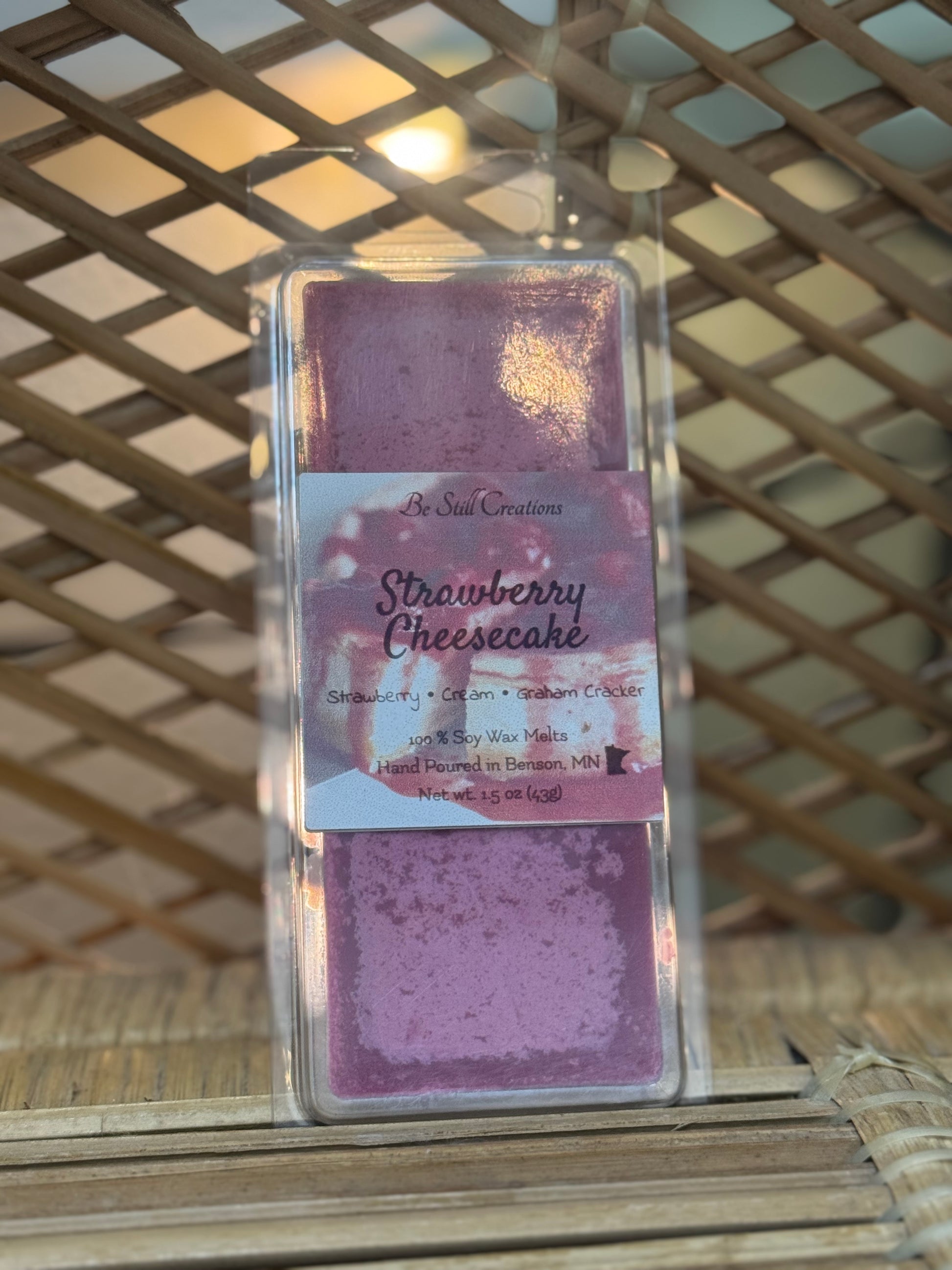 Soy wax melts. Strawberry, cream, graham cracker scented wax melts. 