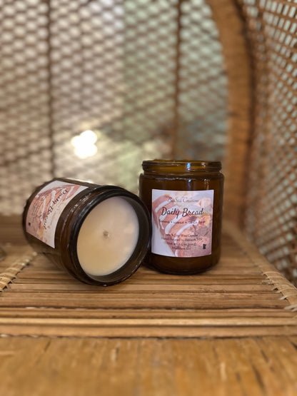 Daily Bread soy candle in glass jar 7.5 oz. phthalate free candle for gifting.