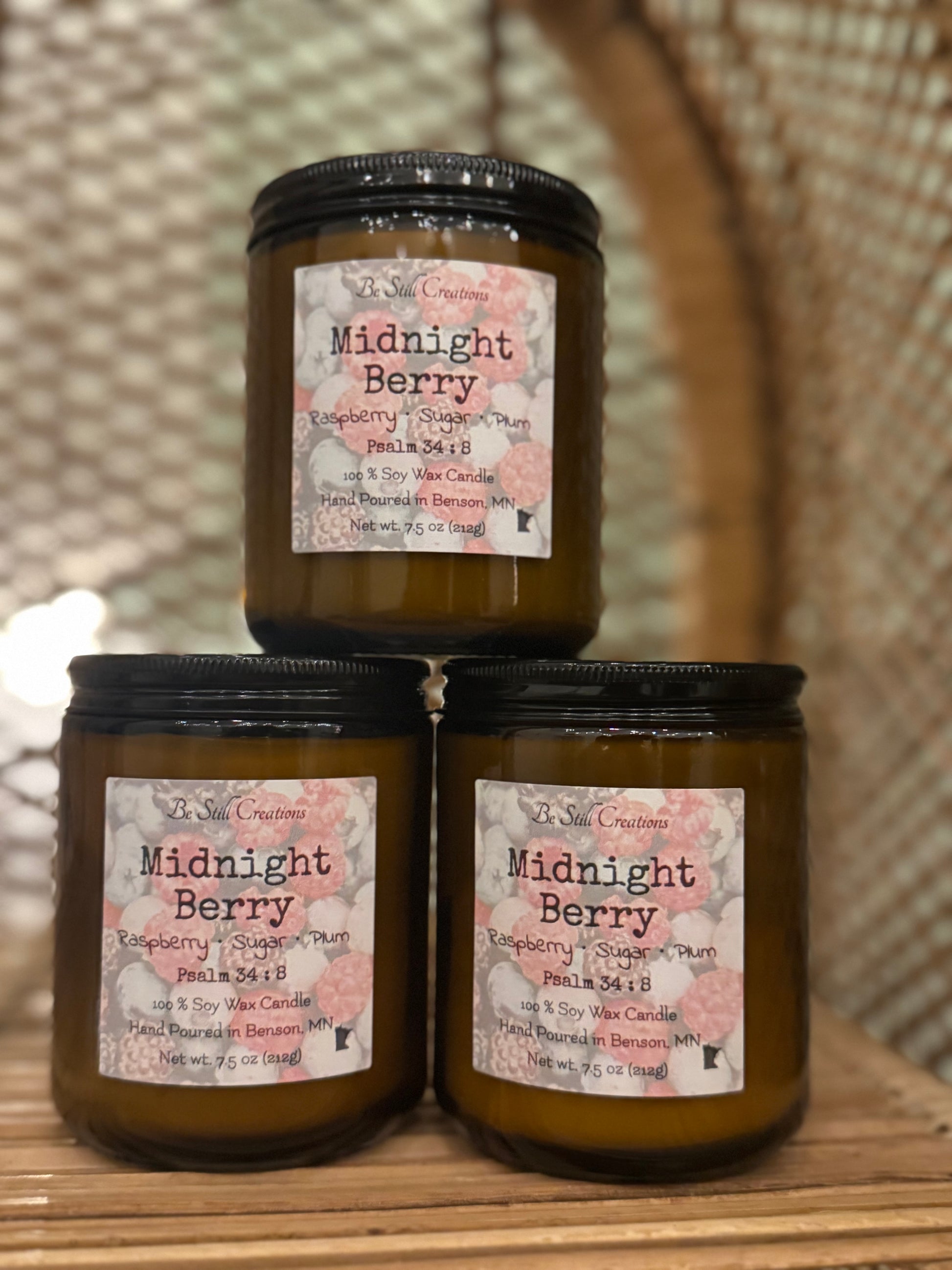 Midnight Berry candle detail view showing phthalate-free, pet-friendly soy wax formula