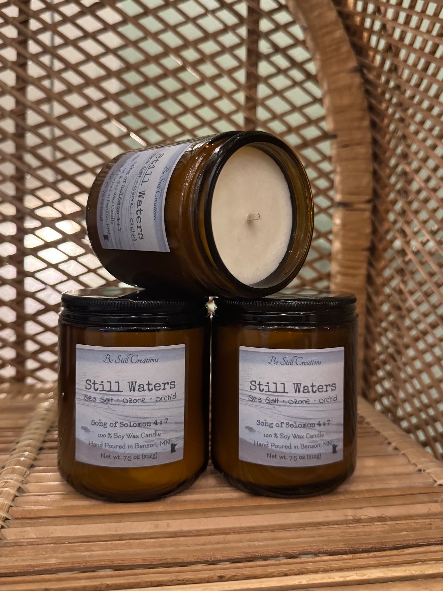 Still Waters 7.5 oz soy candle by Be Still Creations, hand-poured natural wax