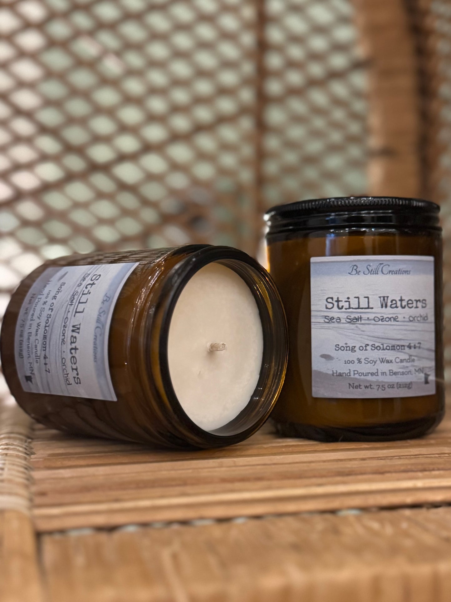 Still Waters soy candle in glass jar, sea salt ozone orchid scent