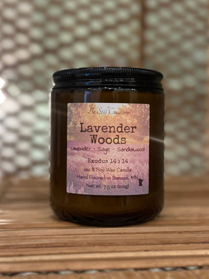 Lavender Woods 7.5 oz soy candle by Be Still Creations, hand-poured natural wax