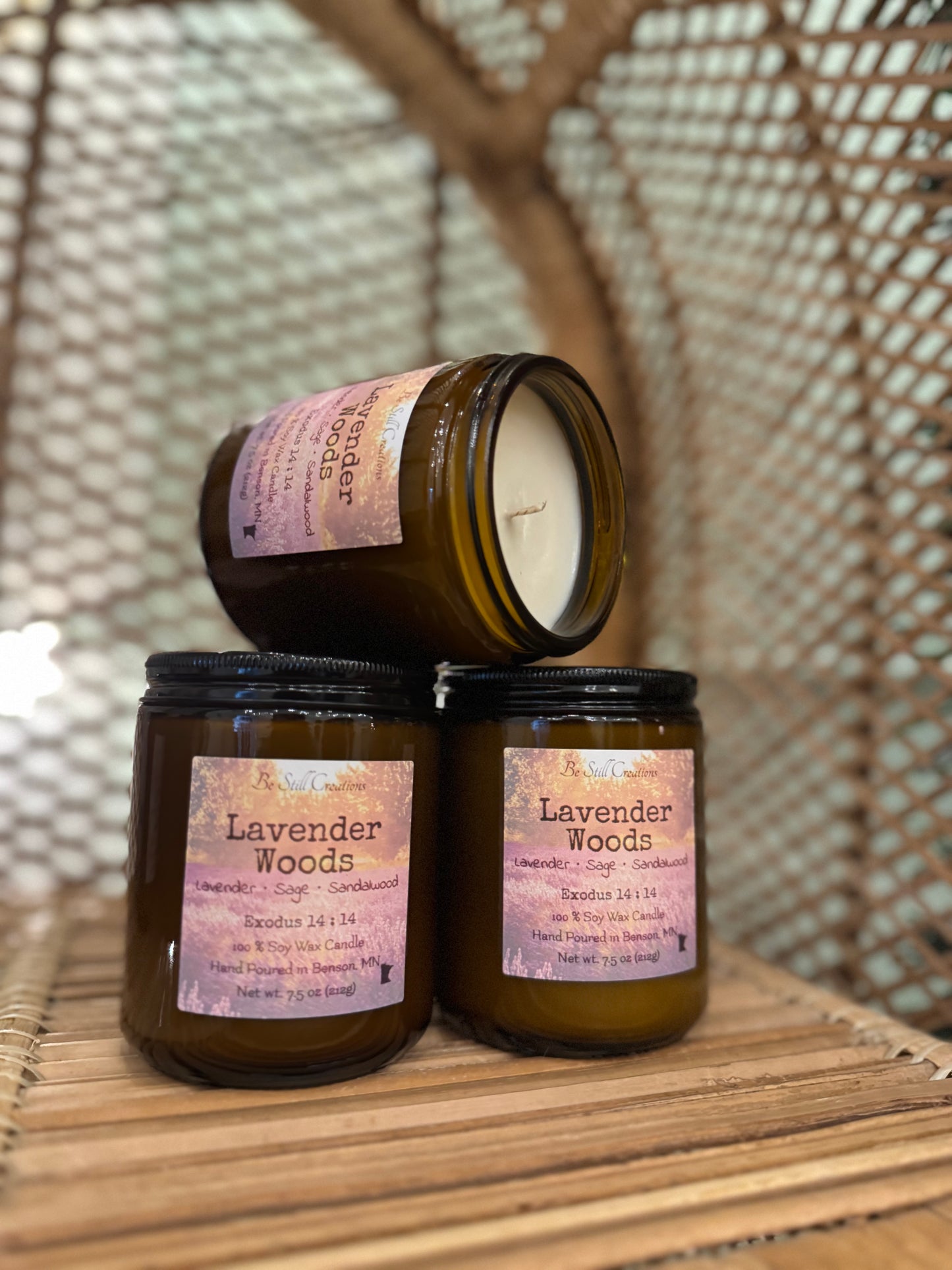 Lavender Woods soy candle in clear glass jar , lavender sage sandalwood scent