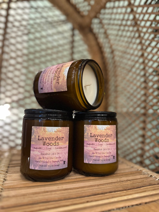 Lavender Woods soy candle in clear glass jar , lavender sage sandalwood scent