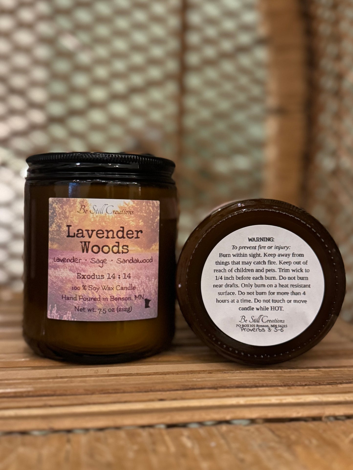 Lavender Woods candle detail view showing phthalate-free, pet-friendly soy wax formula