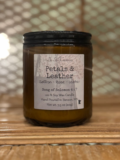 Petals & Leather 7.5 oz soy candle by Be Still Creations, hand-poured natural wax