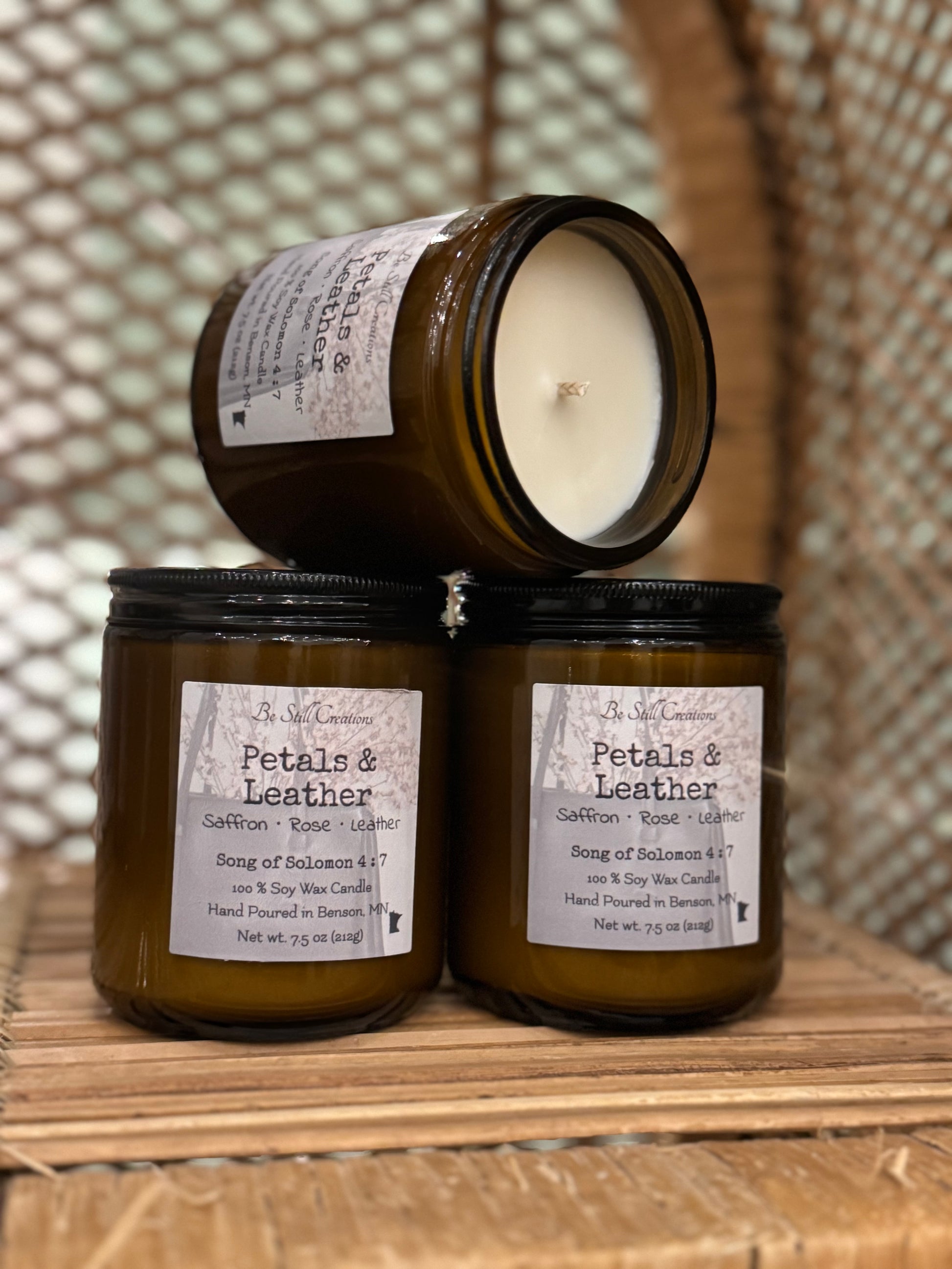 Petals & Leather 7.5 oz soy candle by Be Still Creations, hand-poured natural wax