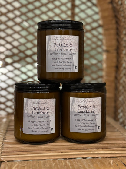 Petals & Leather candle detail view showing phthalate-free, pet-friendly soy wax formula