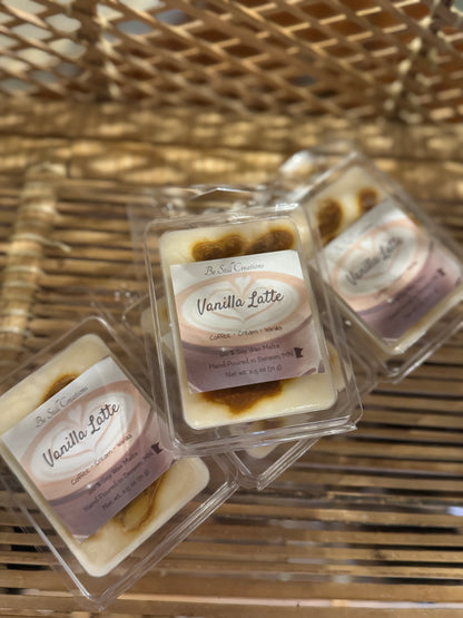 Coffee, cream, vanilla scented soy wax melts. paraffin free