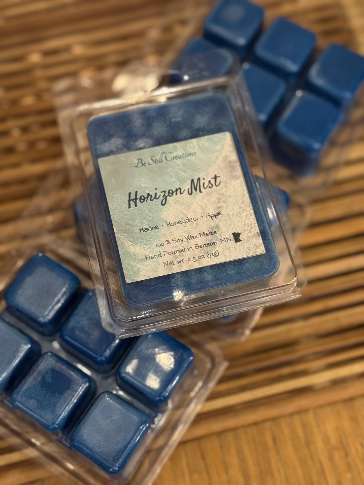 Soy wax melts in clamshell package. Marine, honeydew, apple scented phthalate free wax melts for wax melter
