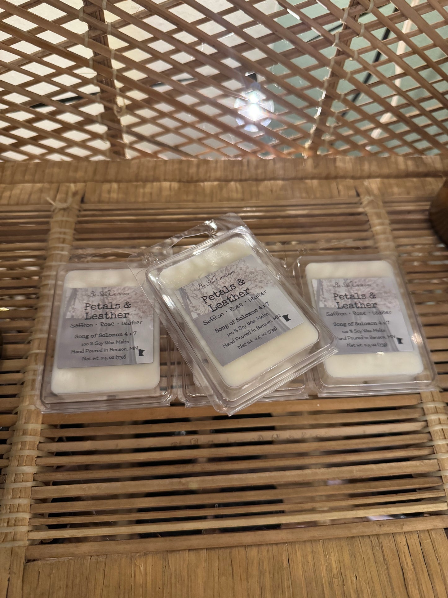 Petals & Leather sophisticated floral leather scented wax melts, 100% soy wax, flameless home fragrance