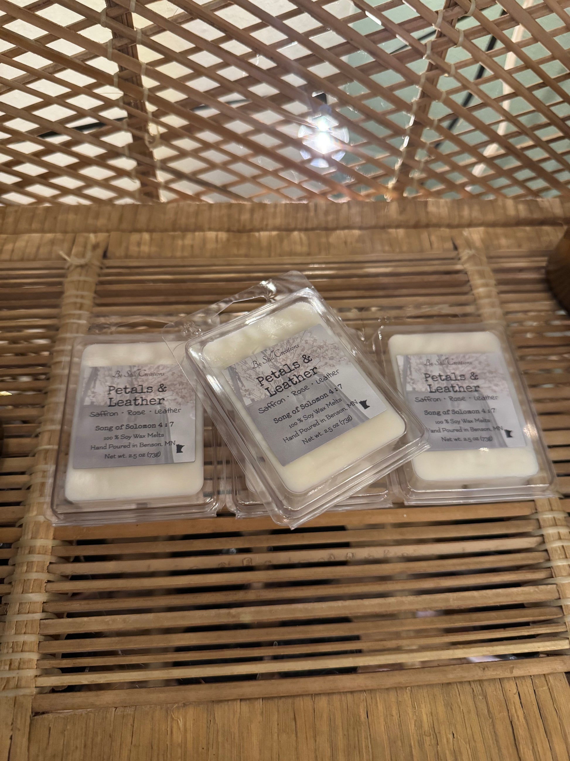 Petals & Leather sophisticated floral leather scented wax melts, 100% soy wax, flameless home fragrance