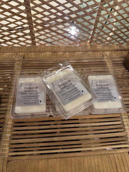 Petals & Leather sophisticated floral leather scented wax melts, 100% soy wax, flameless home fragrance