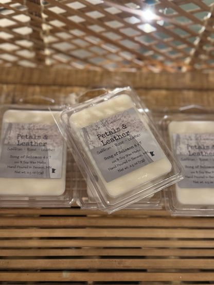 Petals & Leather 2.5 oz soy wax melts by Be Still Creations, hand-poured natural wax
