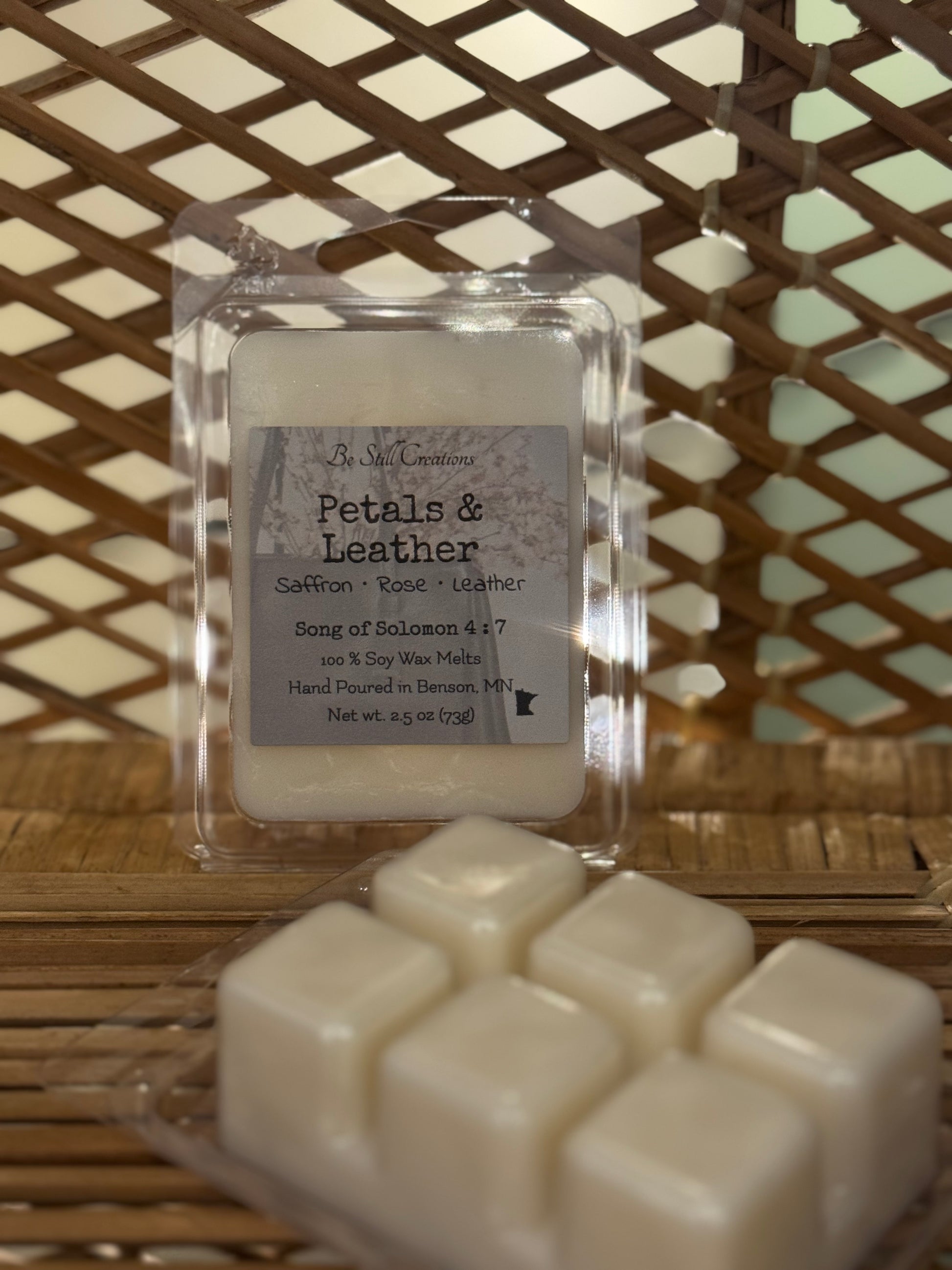 Petals & Leather wax melts detail view showing phthalate-free, pet-friendly soy wax formula