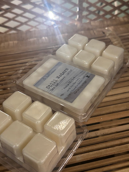 Still Waters wax melts detail view showing phthalate-free, pet-friendly soy wax formula