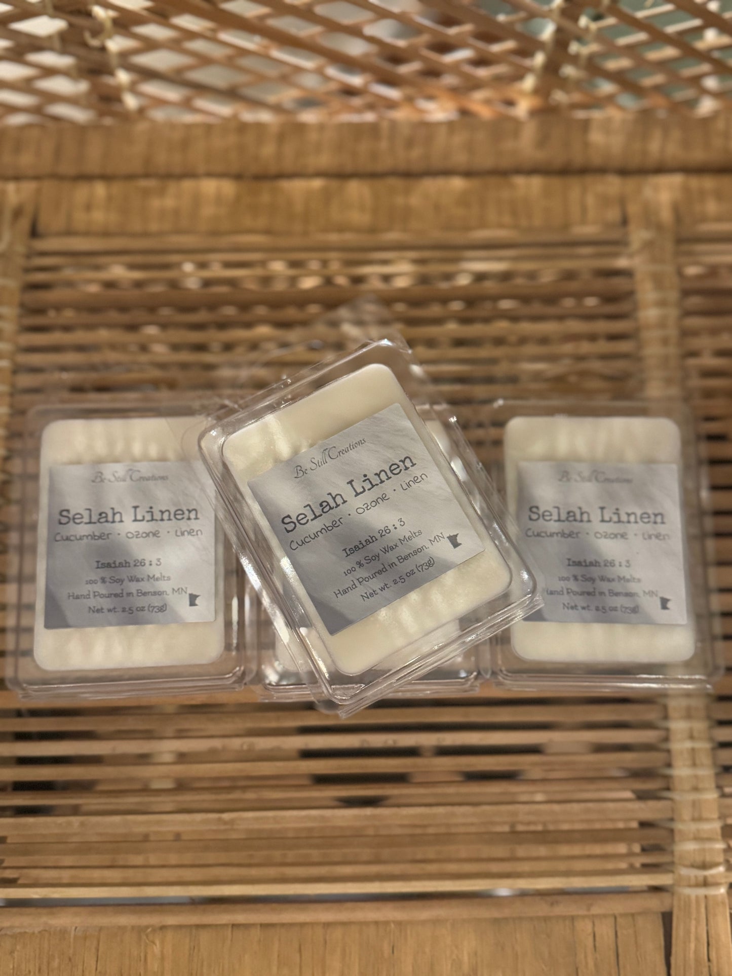Selah Linen 2.5 oz soy wax melts by Be Still Creations, hand-poured natural wax