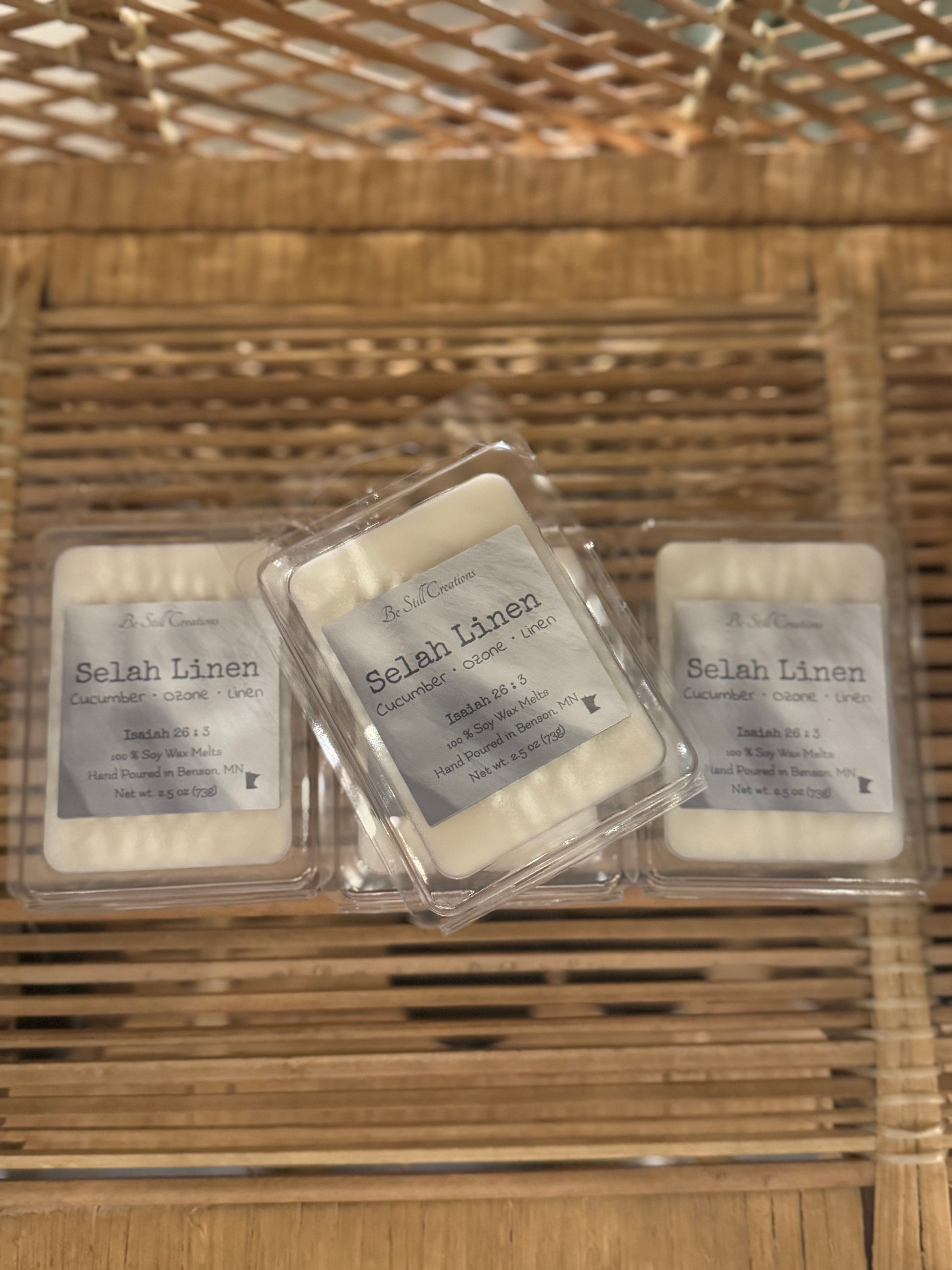 Selah Linen 2.5 oz soy wax melts by Be Still Creations, hand-poured natural wax