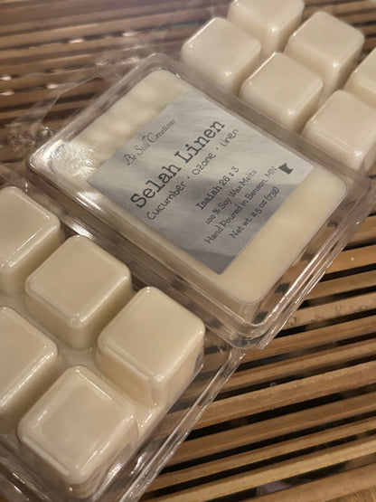 Selah Linen fresh clean scented wax melts, 100% soy wax, flameless home fragrance