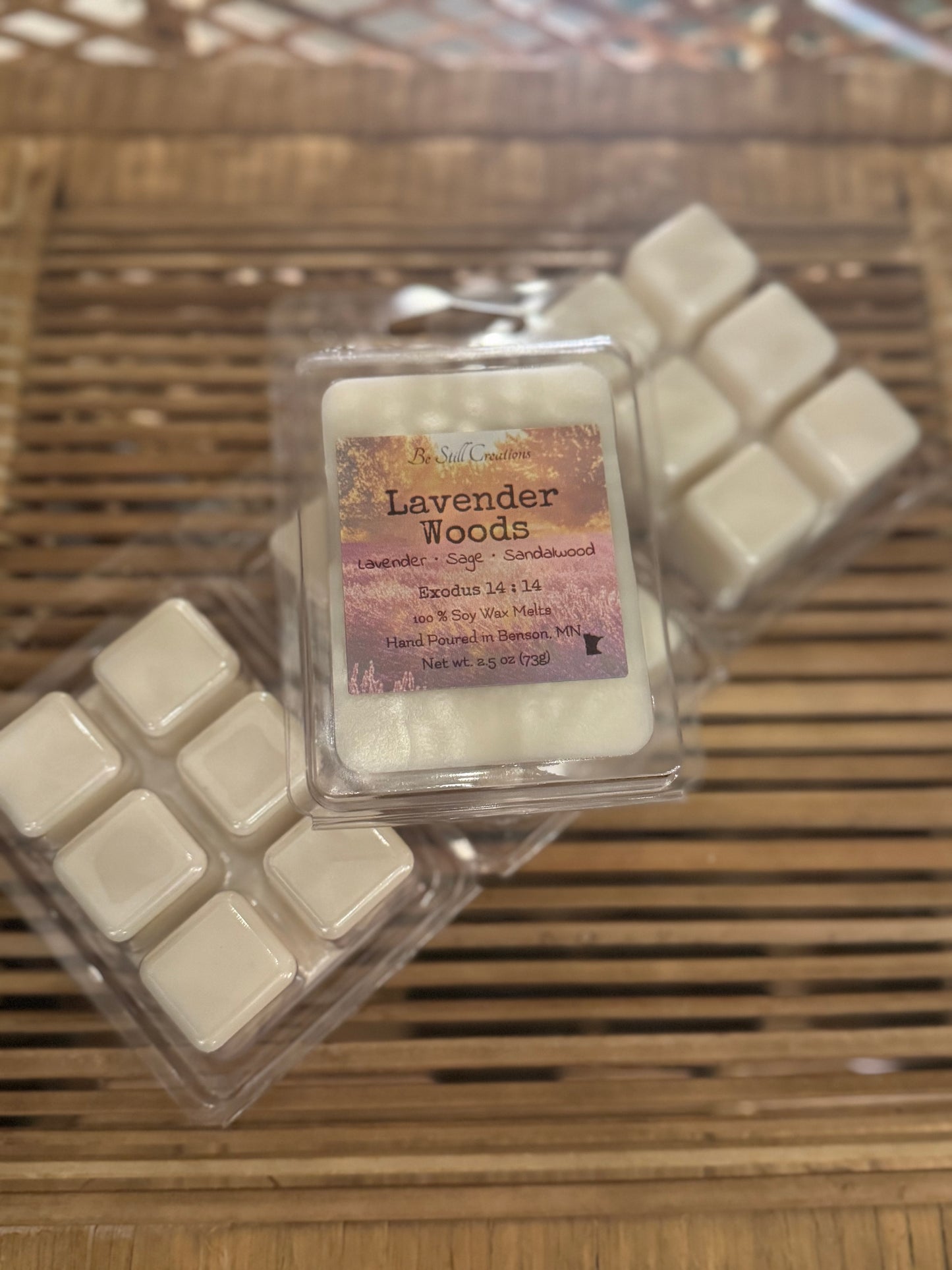 Lavender Woods soy wax melts in clear clamshell package, lavender sage sandalwood scent