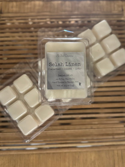 Selah Linen soy wax melts in clear clamshell package, cucumber ozone linen scent